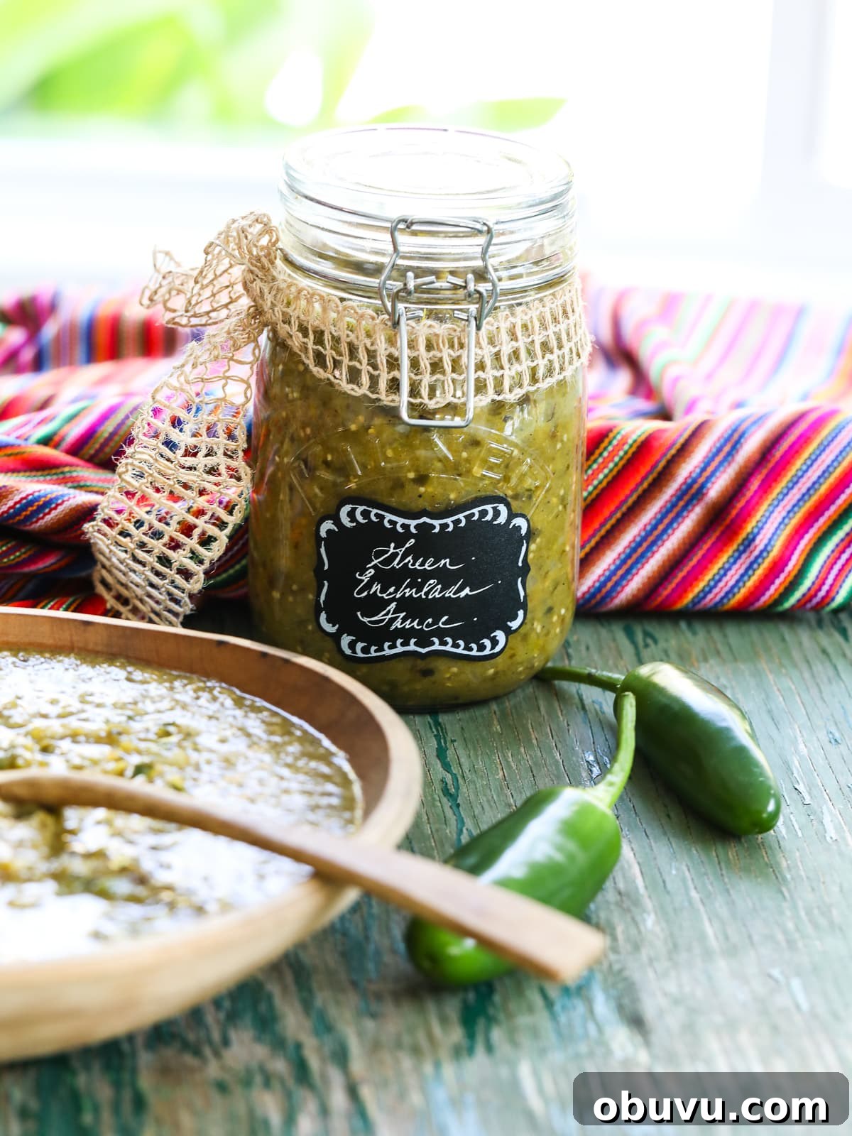 Homemade Salsa Verde Enchilada Sauce Recipe 17 Green enchilada sauce in a bowl and clamp jar
