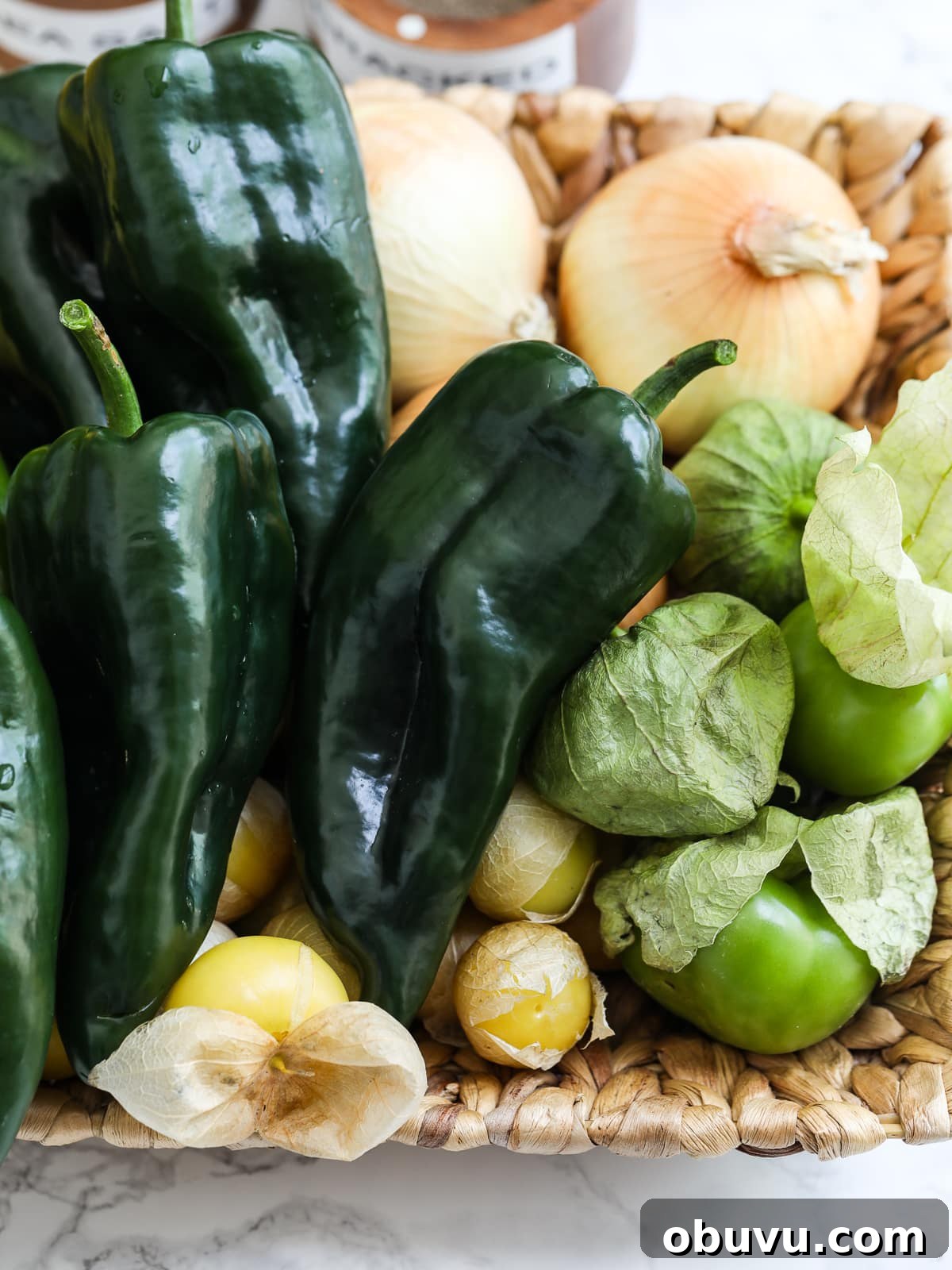 Homemade Salsa Verde Enchilada Sauce Recipe 7 Basket with peppers and tomatillos