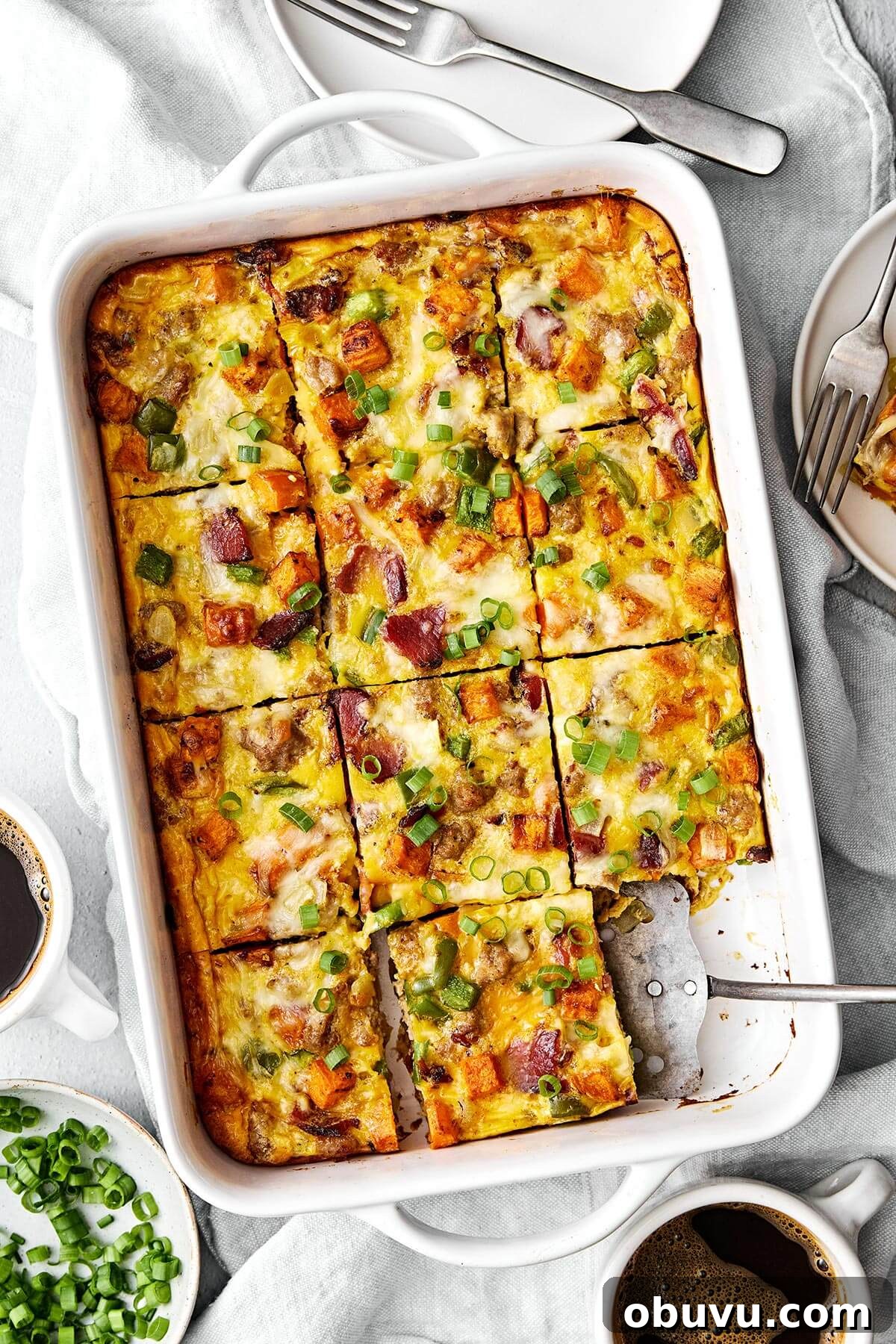 20 High-Protein Breakfast Recipes for Lasting Energy 3 A baking dish with breakfast casserole.