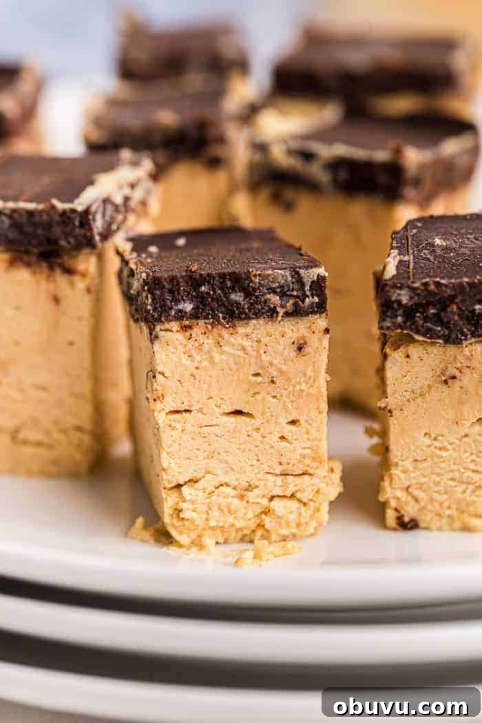 Keto Iced Coffee with 4 Ingredients: Creamy Low-Carb Recipe 15 closeup of a keto peanut butter dessert piece with a chocolate fat bombs topping
