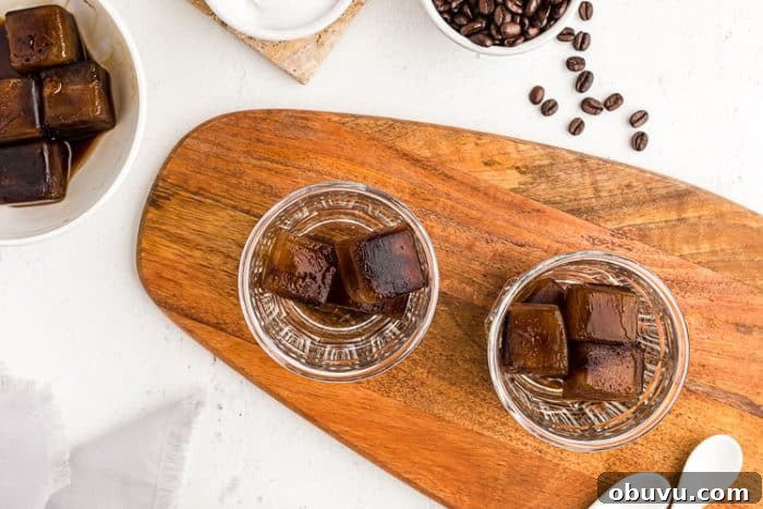 Keto Iced Coffee with 4 Ingredients: Creamy Low-Carb Recipe 4 overhead view of keto easy iced coffee cubes in two glasses