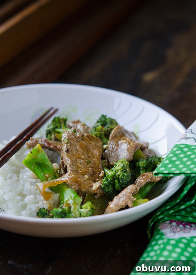 Chinese Beef and Broccoli Stir-Fry Recipe with Savory Sauce 11 Quick stir-fried beef and broccoli florets served with rice.