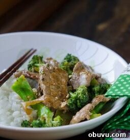Chinese Beef and Broccoli Stir-Fry Recipe with Savory Sauce 12 Quick stir-fried beef and fresh broccoli florets are serve with rice.