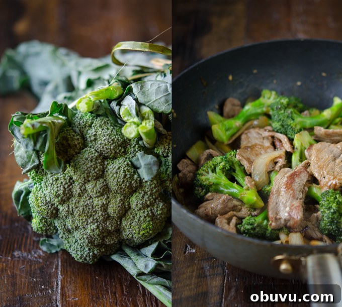 Chinese Beef and Broccoli Stir-Fry Recipe with Savory Sauce 3 A head of broccoli used to make beef and broccoli stir-fry.