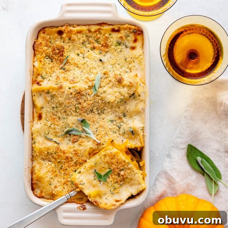 Creamy Butternut Squash Lasagna with Sage and Ricotta 13 a hearty butternut squash lasagna with a serving being cut.