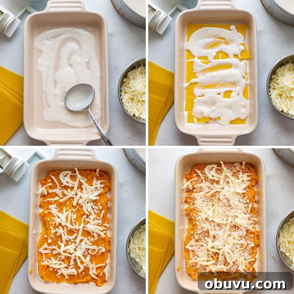 Creamy Butternut Squash Lasagna with Sage and Ricotta 6 assembling butternut squash lasagna in a casserole dish.