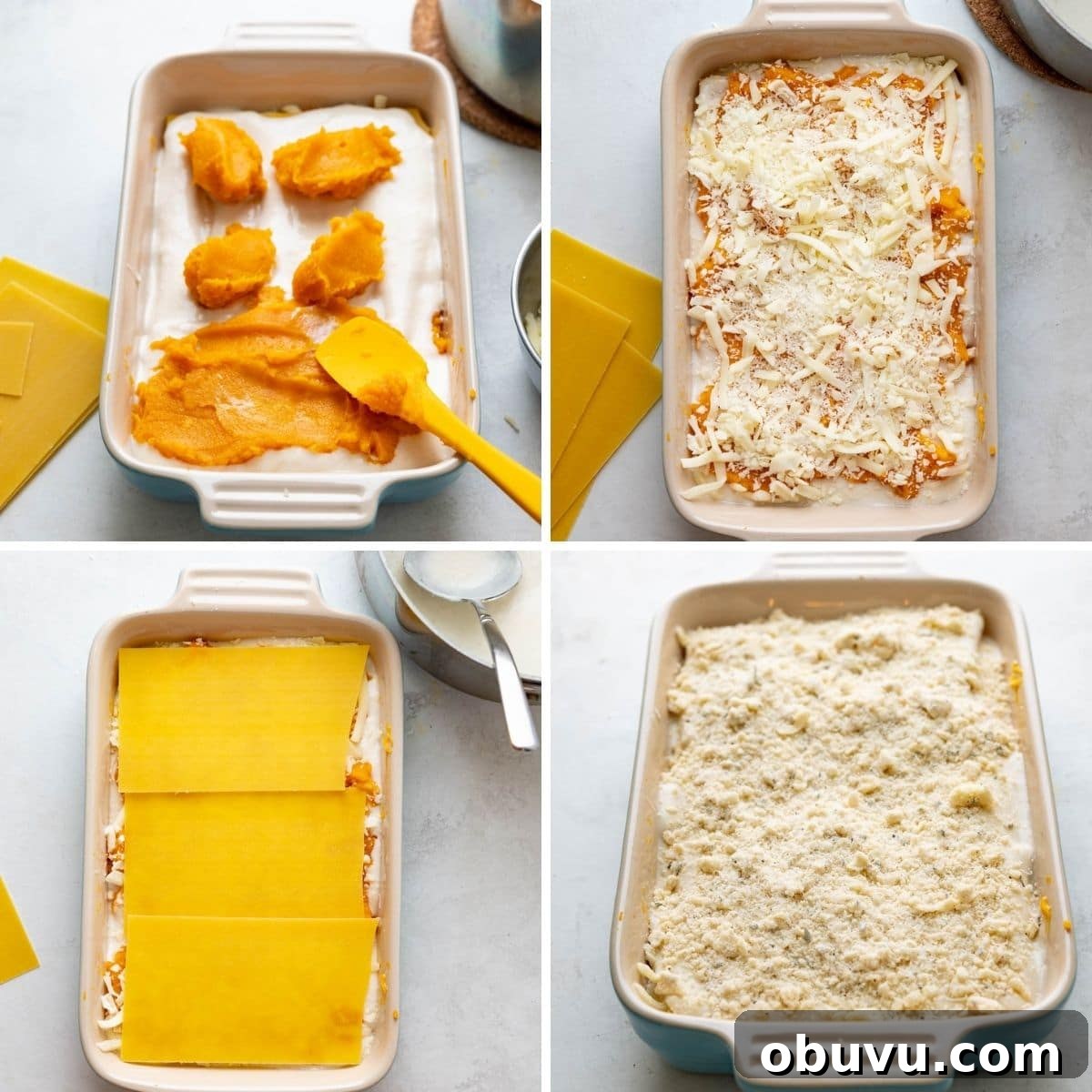 Creamy Butternut Squash Lasagna with Sage and Ricotta 7 adding the second layer to the lasagna and sprinkling on the crumb topping.