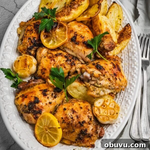 Greek chicken and potatoes in a serving dish.