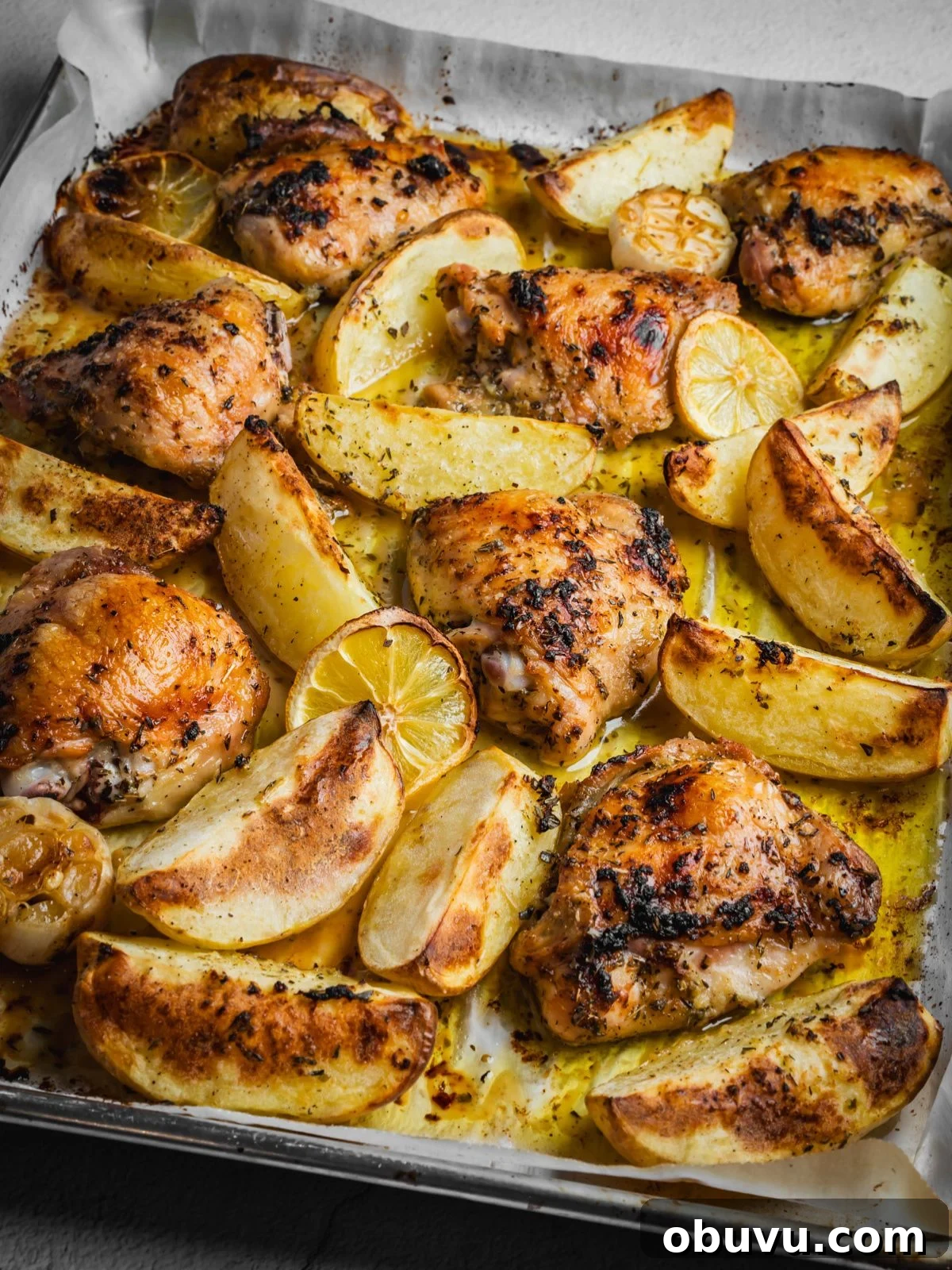 Greek lemon chicken and potatoes in a baking tray.