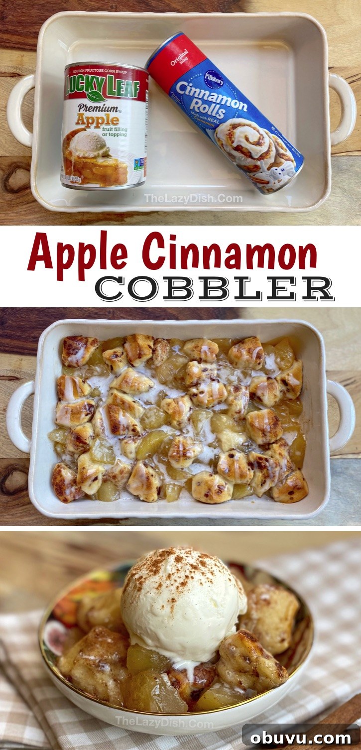 Quick two-ingredient dessert: cinnamon rolls and canned apple pie filling. Serve warm with vanilla ice cream.