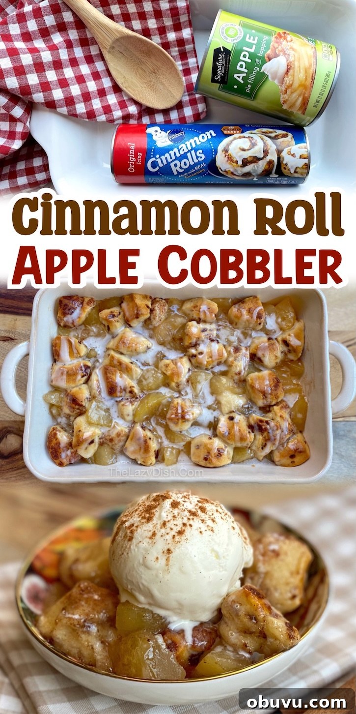 Easy holiday baked dessert made with cinnamon rolls and apple pie filling, served warm with vanilla ice cream.