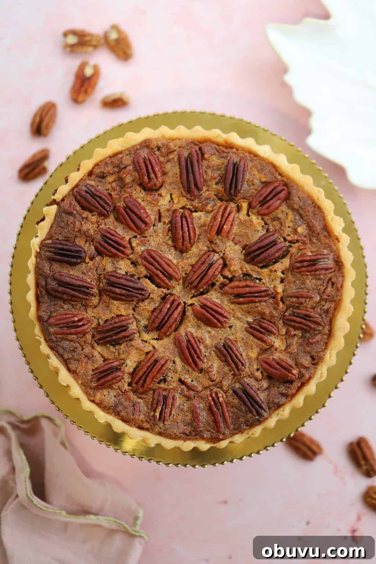 Overhead shot of a gluten free pecan pie.