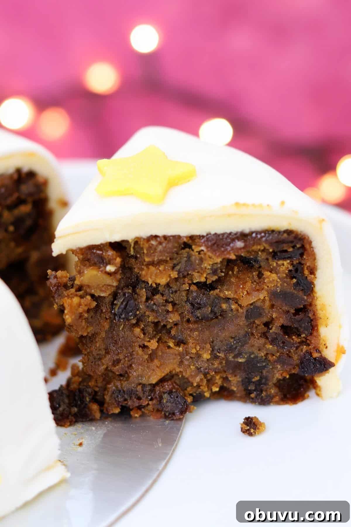 A slice of gluten free Christmas cake.