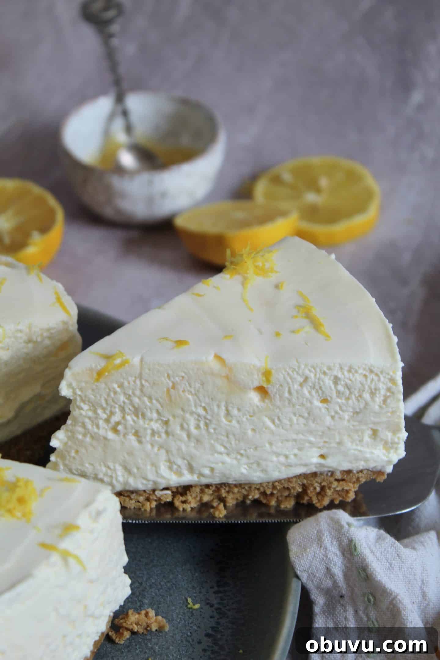 A slice of no bake lemon cheesecake.