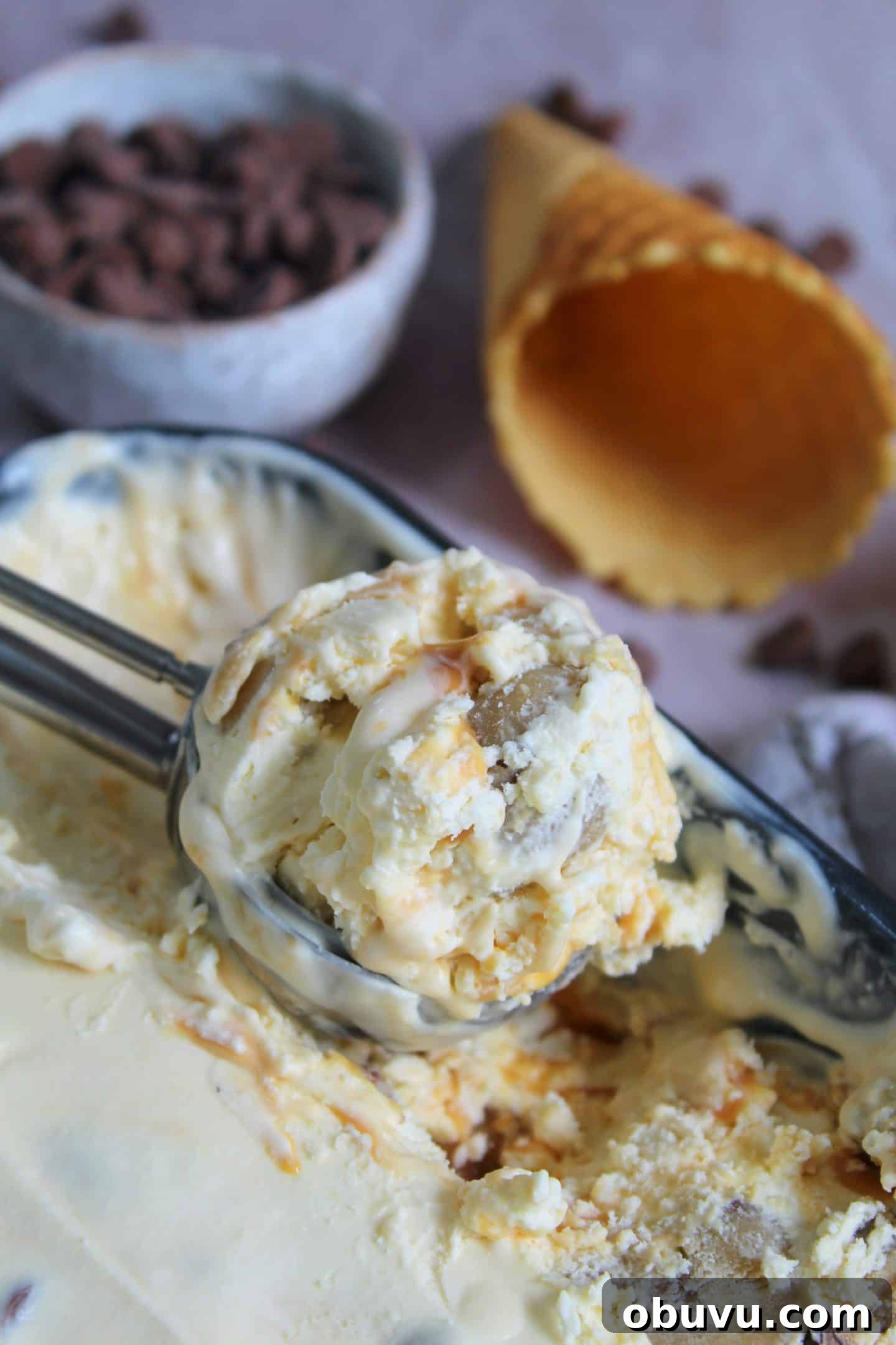 A ball of gluten free cookie dough ice-cream.