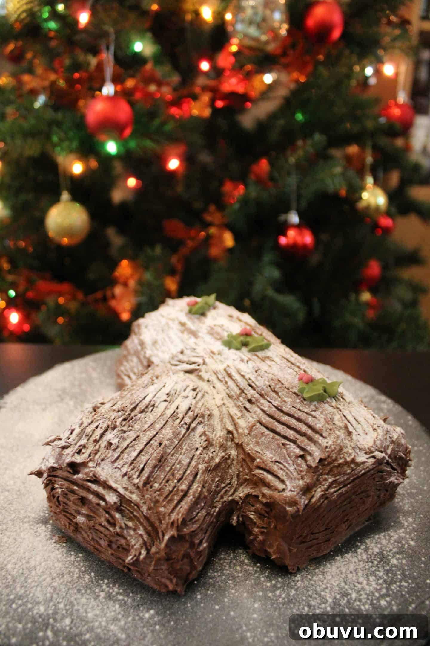A gluten free yule log in front of a Christmas tree.