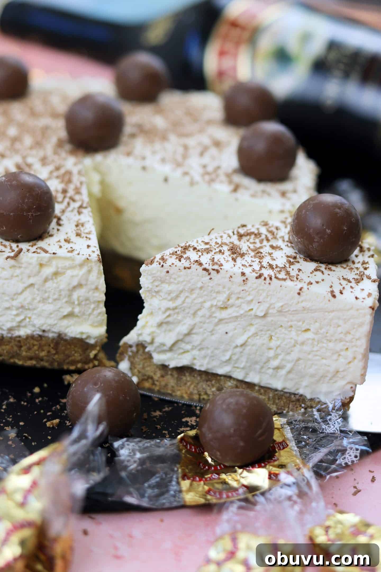 A slice of no bake Bailey's cheesecake.