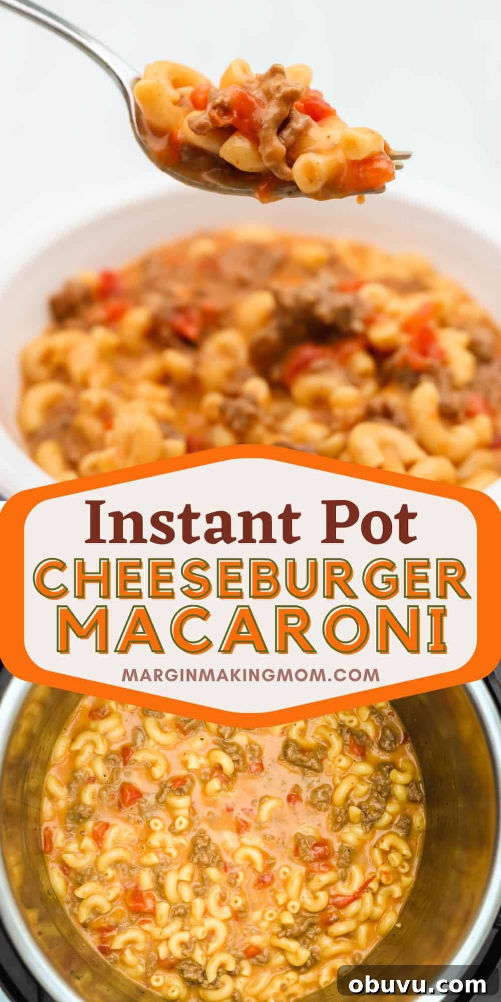 two photos showing different views of Instant Pot pressure cooker cheeseburger macaroni.
