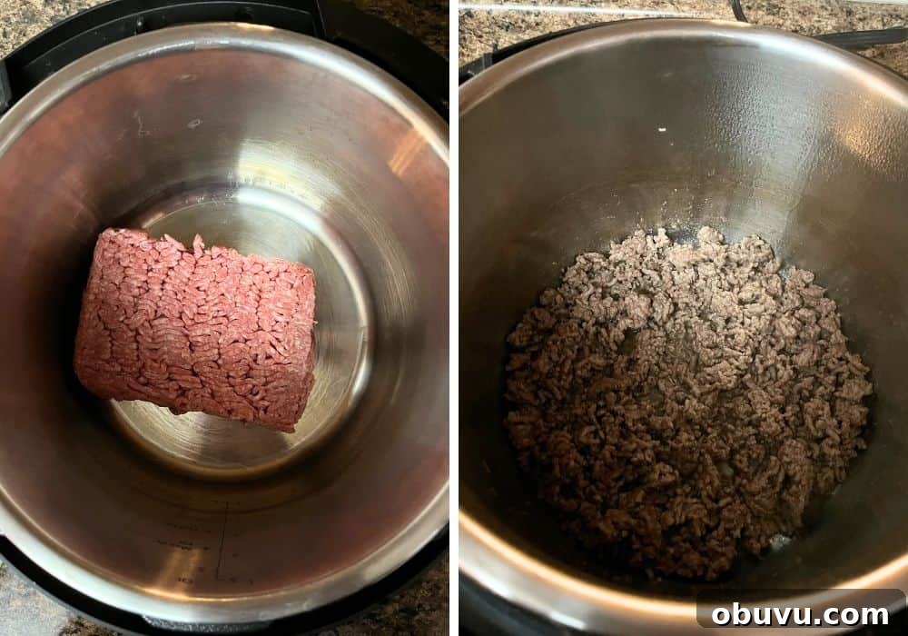 two photos; one shows a block of raw ground beef in the Instant Pot, the other shows the beef after being browned and broken apart.