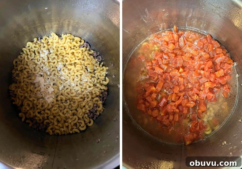two photos; one shows dry macaroni and seasonings over the ground beef, the other shows water and diced tomatoes added over the noodles.