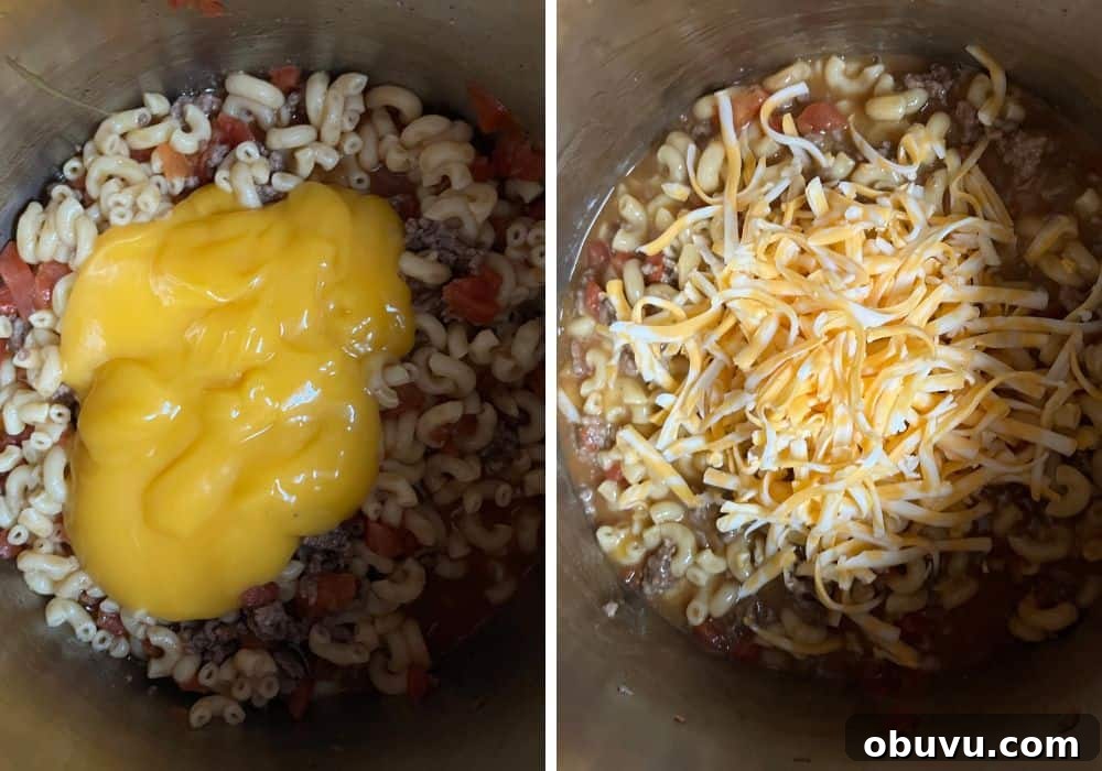 two photos; one shows condensed cheese soup added to cooked noodles, the other shows shredded cheese added.