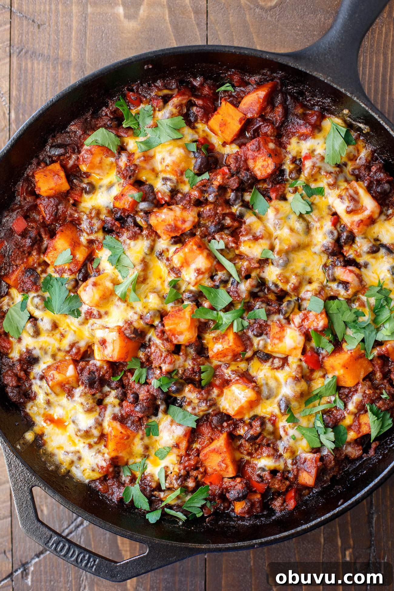 overhead photo of sweet potato chili casserole recipe