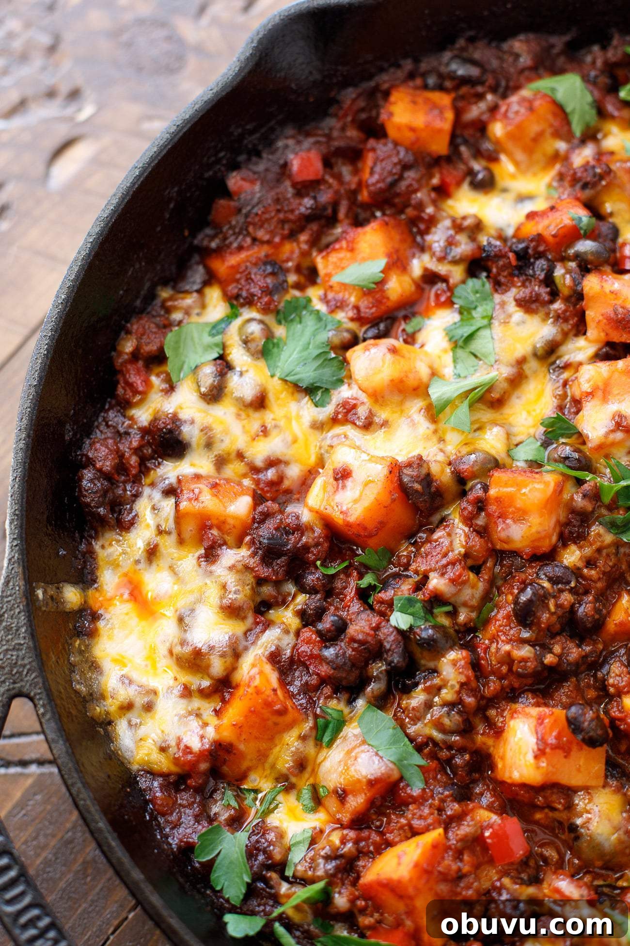 skillet of sweet potato chili casserole recipe
