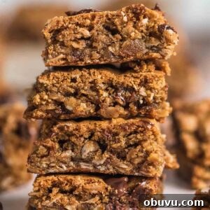 A stack of 4 gluten-free oatmeal cookie bars with chocolate chips in them.