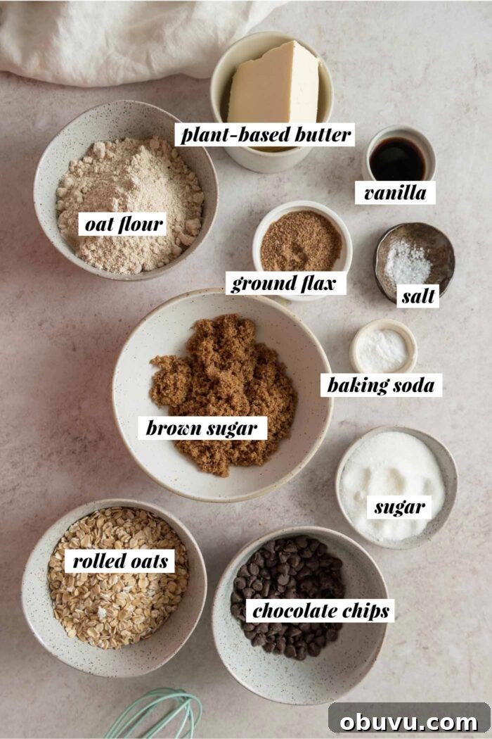 Ingredients for oatmeal cookie bars gathered in various bowls and each labelled with text overlay.